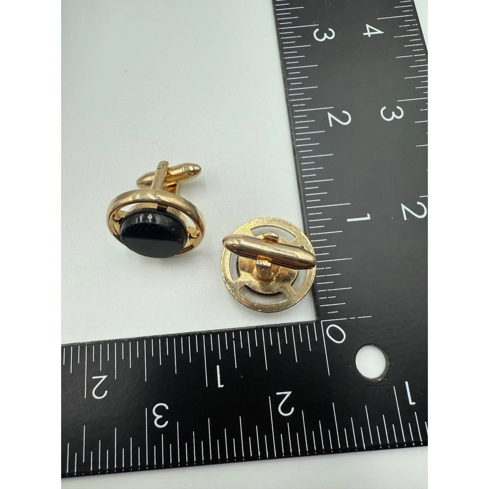Vintage Gold‎ Tone Round Black Stone Cufflinks Geometric Formal Wedding Mens